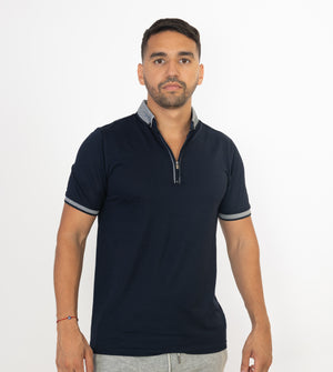 Polo Zippé en Coton Bleu